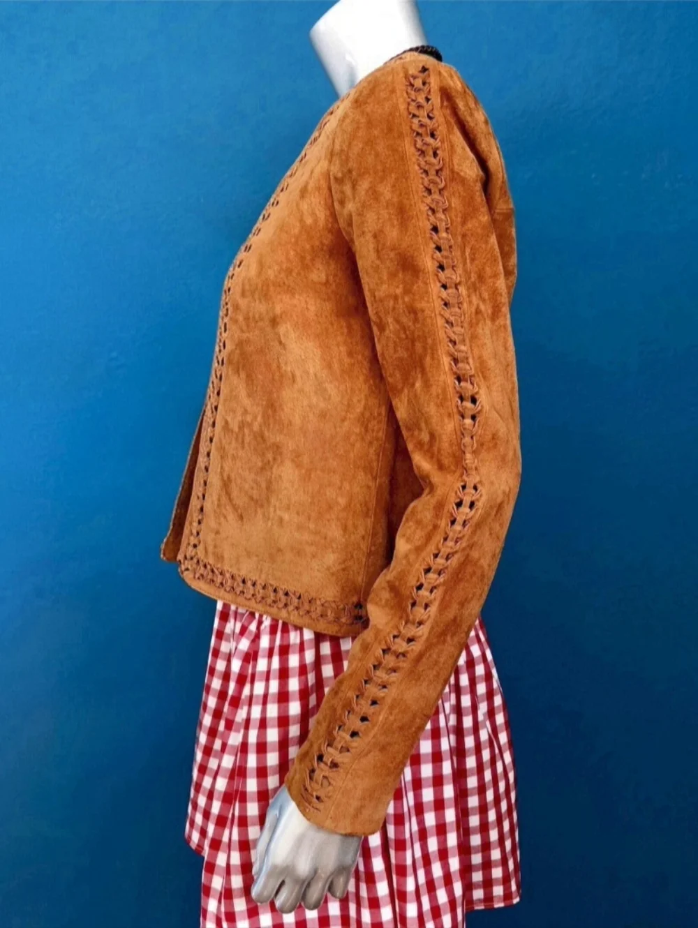 🆕️🤠🐎MANGO Genuine Leather Trena Suede Jacket Collarless w/ Suede Braiding NWT - Picture 13 of 16